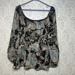 Maurices 1X Black Teal Paisley Print Peasant‎ Blouse Long Sleeve Ruffle